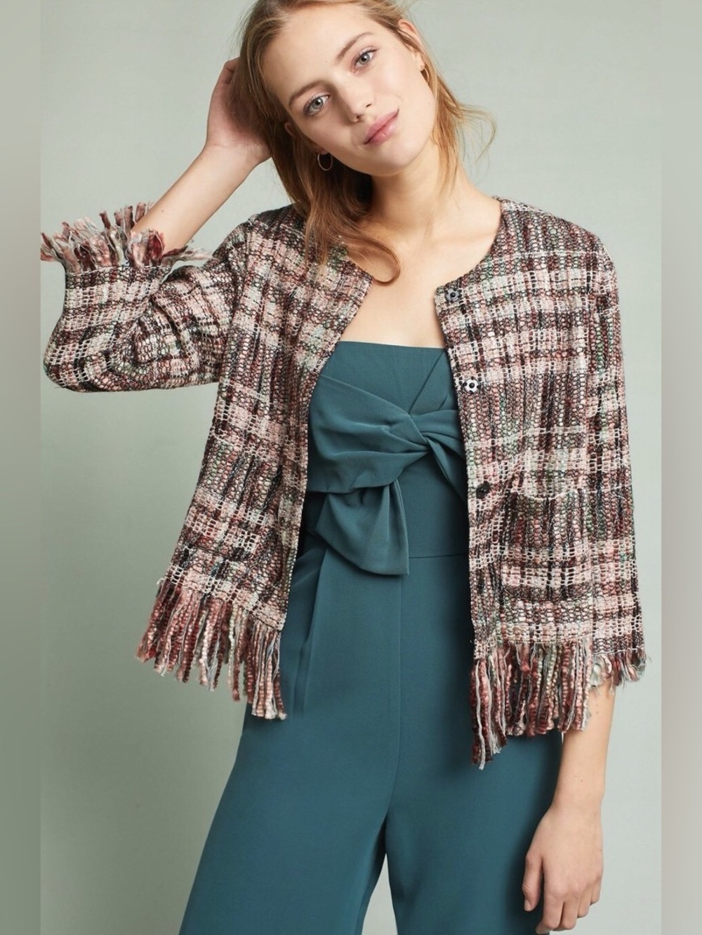 Anthropologie Fringed Plaid Knit Jacket - Pink Multi